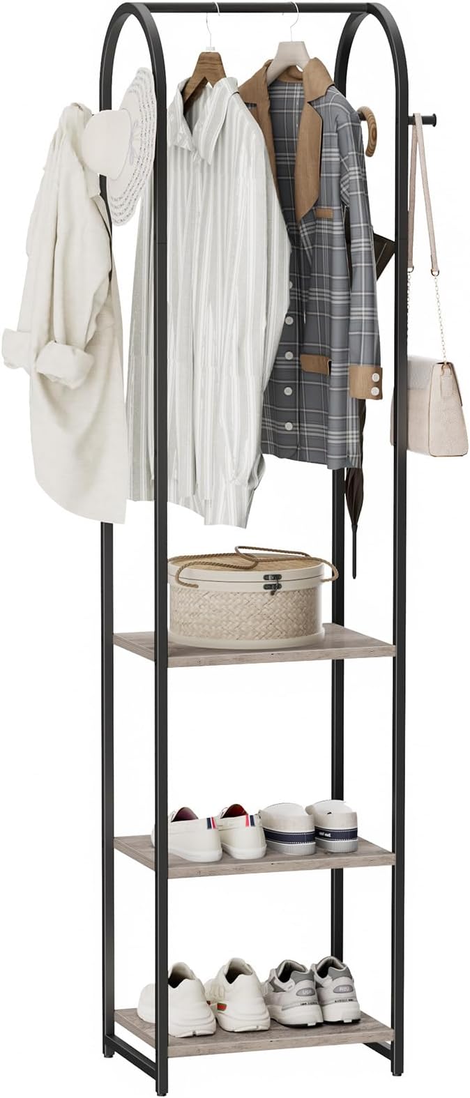 Garment Rack, Coat Rack With 3 Shelves and 4 Hooks, 71" H Clothes Stand For Hanging Clothes, Hanging Rod For for Bedroom, Hallway, Entryway, Office, Living Room, Greige and Black