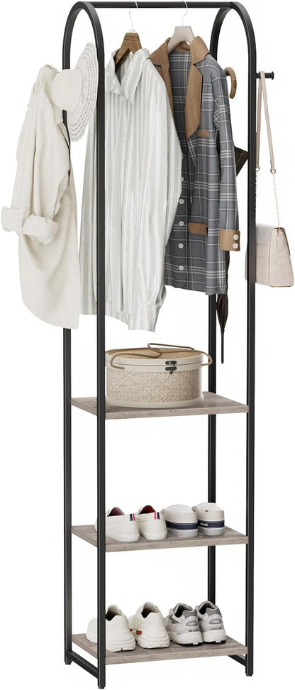 Garment Rack, Coat Rack With 3 Shelves and 4 Hooks, 71" H Clothes Stand For Hanging Clothes, Hanging Rod For for Bedroom, Hallway, Entryway, Office, Living Room, Greige and Black