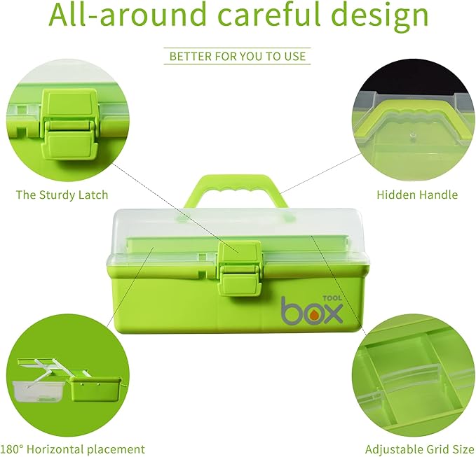TERGOO 12in 3-Layer Plastic Craft Organizers and Storage, Portable Folding Tackle Box with Handle & Adjustable Dividers, Multipurpose Case for Sewing, Art Supplies, Medicine, Tools (Green)