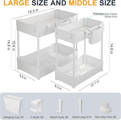 Sevenblue 2 Pack Under Sink Organizer, Under Bathroom Cabinet Organizer with Hooks Hanging Cup, Multi-Purpose Storage Shelf for Kitchen Bathroom (White, 14.8 Inch)