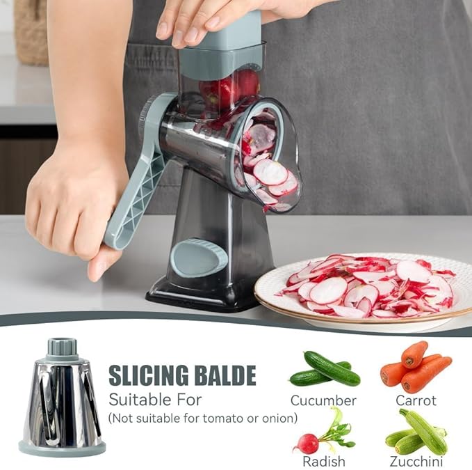 KEOUKE Rotary Cheese Grater Pro 6 in 1 - Shredder Crinkle Slicer Grinder Ice Shaver, Stable Suction, Time-saving Easy Use & Clean, Safe Morden Kitchen Tool for Cheese, Vegetable, Nuts, Chocolate