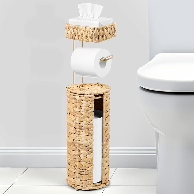 Free Standing Toilet Paper Holder, Rattan Wicker Toilet Paper Basket with Storage, Water Hyacinth Decorative Tissue Roll Storage Holder with Lid for Bathroom