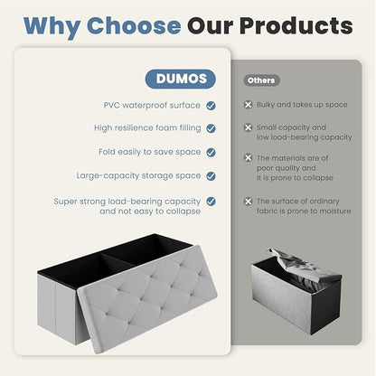 DUMOS 43 Inch Folding Storage Ottoman Bench, Large Storage Chest withThicker Foam Padded Seat, End of Bed Foot Rest Stool for Bedroom Living Room Entryway, Load 660 lbs, Lychee Grain Leather, Grey