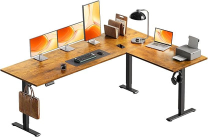OffiGo 71 Inch Reversible L Shaped Electric Standing Desk, Height Adjustable Corner Stand up Desk, Ergonomic Large Lift Computer Table for Home, Office, Workstation, Rustic Brown