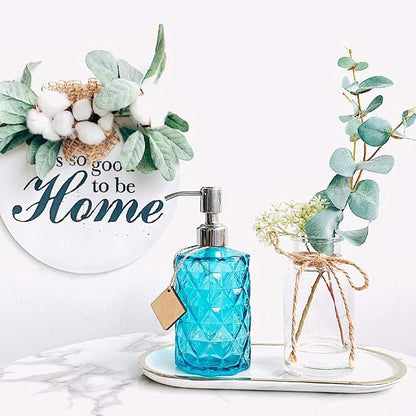 JASAI Diamond Design Soap Dispenser with 304 Rust Proof Stainless Steel Soap Pump, 12 Ounce Kitchen Soap Dispenser for Bathroom, Hand Soap, Dish Soap (Clear Blue).