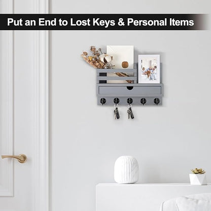 Key Holder Wall Mount, Mail Holder with Storage Drawer and 5 Key Hooks for Coat, Dog Leash, Home Decor Rack, House Accessories, Entry Way Organizer (Gray)