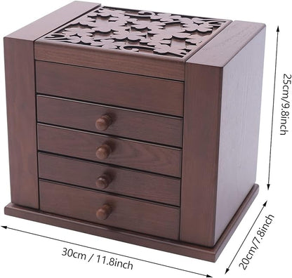 Wooden Jewelry Box for Women, 5-Layer Wooden Jewelry Organizer Boxes with 4 Drawers, Vintage Solild Wood Storage CaseJewelries, Watches, Necklace, Ring (Dark Brown)