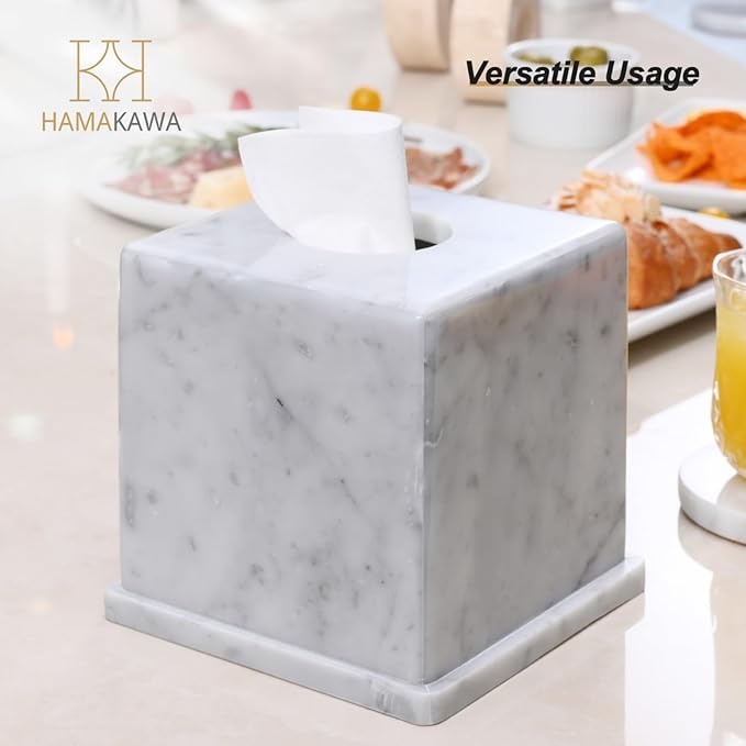 HAMAKAWA Natural Marble Tissue Box Cover, Carrara White Tissue Organizer 6 X 6 X 5.7 Inch, Heavy Stone Decorative Box, Square Tissue Box Holder for Home Decor, Kitchen, Bathroom, Bedroom