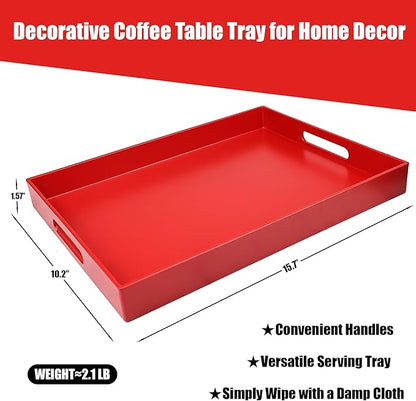 Red Serving Tray for Coffee Table, Rectangular Plastic Decorative Tray with Handles for Entertaining, Outdoor Patio, Living Room, Ottoman, Bathroom Counter, 11.8”*15.7”*1.6”