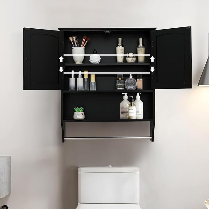 Iwell Bathroom Cabinet Wall Mounted with Adjustable Shelf & Towel Rack, Over The Toilet Storage Cabinet, Medicine Cabinet for Bathroom, Laundry Room, Black