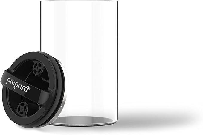 Prepara Evak Compact Airtight Glass Storage Canister, Medium (6” x 3.75", 24oz) – Borosilicate Glass Container Vacuum Seal Lid & Black Handle, Odor & BPA-Free, Ideal for Coffee, Tea, Pantry Dry Goods