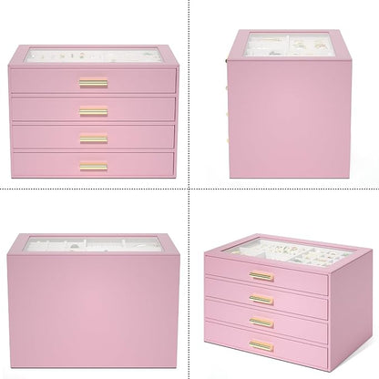 AKOZLIN Jewelry Box with Clear Lid Functional Leather Jewelry Storage Organizer Case 4 Drawers for Women Girls Necklace Ring Bracelet Earring