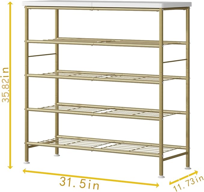 SUOERNUO Shoe Rack Organizer 5 Tier for Closet Entryway Free Standing Metal Storage Shoe Shelf with MDF Top Board，Gold