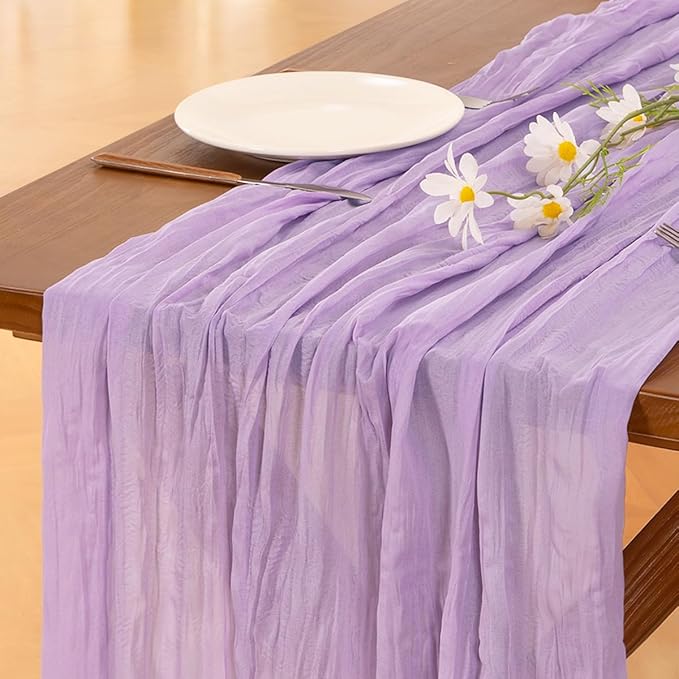 Socomi 3pcs Lilac Purple Lavender Cheesecloth Table Runner Valentine's Day Boho Rustic Gauze 120 inch 10FT Cheese Cloth Runner for Wedding Party Baby Shower Birthday Home Decor Holiday Decorations