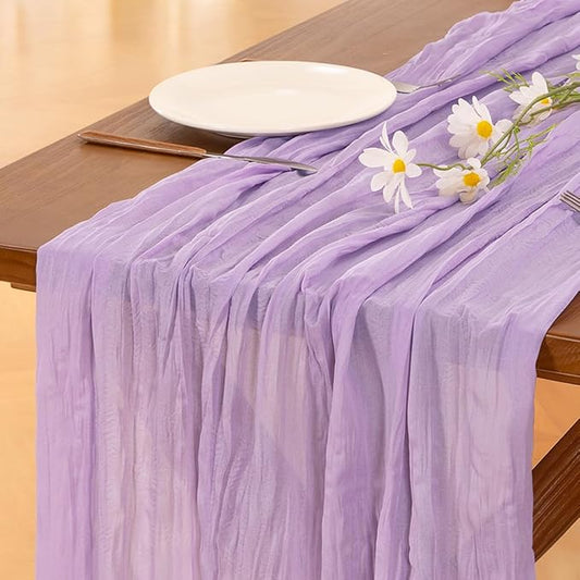 Socomi 3pcs Lilac Purple Lavender Cheesecloth Table Runner Valentine's Day Boho Rustic Gauze 120 inch 10FT Cheese Cloth Runner for Wedding Party Baby Shower Birthday Home Decor Holiday Decorations