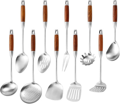 Stainless Steel Kitchen Utensils Set with Wood Handle, 18/10 Metal Cooking Utensils Set, 10 Piece - Spatula, Spoon, Ladle, Skimmer, Slotted Turners, Pasta,Turner, Ladl, Fork