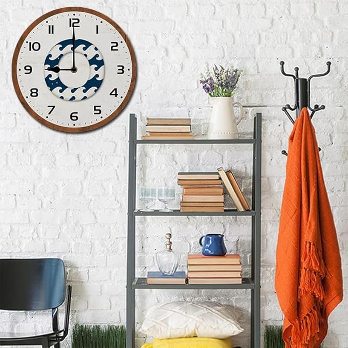 Retro Swimming Circle Wall Clock 10 Inch Silent Non Ticking Battery Operated Wooden Modern Office Simple Minimalist Clock Decorative for Kitchen Home Bathroom Living Room