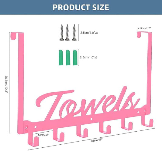 Azmoncy Over The Door Hooks, Towel Rack for Bathroom Door Rack for Hanging Heavy Duty, Door Hanger with 6 Hooks for Bedroom Bathroom Kitchen Bag, Coats, Hats(Pink)