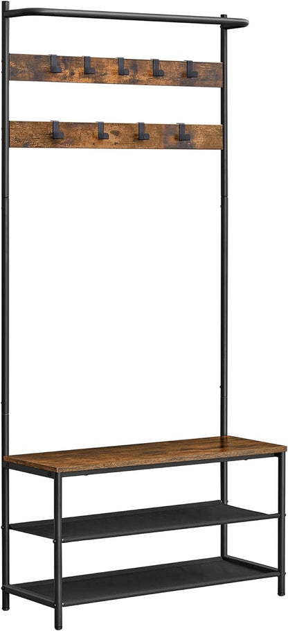 VASAGLE Hall Tree with Bench and Shoe Storage, Entryway Bench with Coat Rack Stand and Shoe Rack, 9 Movable Hooks, Top Bar, Fabric Shelves, Industrial, Rustic Brown and Black UHSR421B01