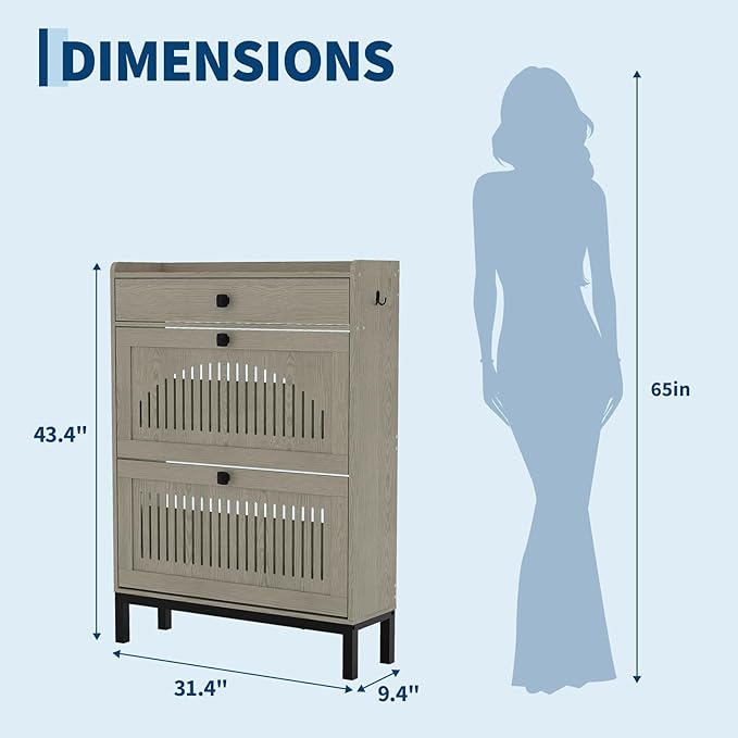 Garvee 2 Flip Drawer Shoe Cabinet with Adjustable Shelves, Hidden Shoe Organizer with Top Drawer, Freestanding Wooden Shoe Rack for Entryway, Hallway, Living Room, Washed Gray