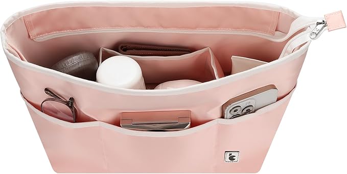 SDANG Purse Organizer Insert with Zipper – Pink Handbag & Tote Bag Organizer | Bag-in-Bag Insert with Pockets for Purses, Totes & Travel(Pink,Extra Large 34)