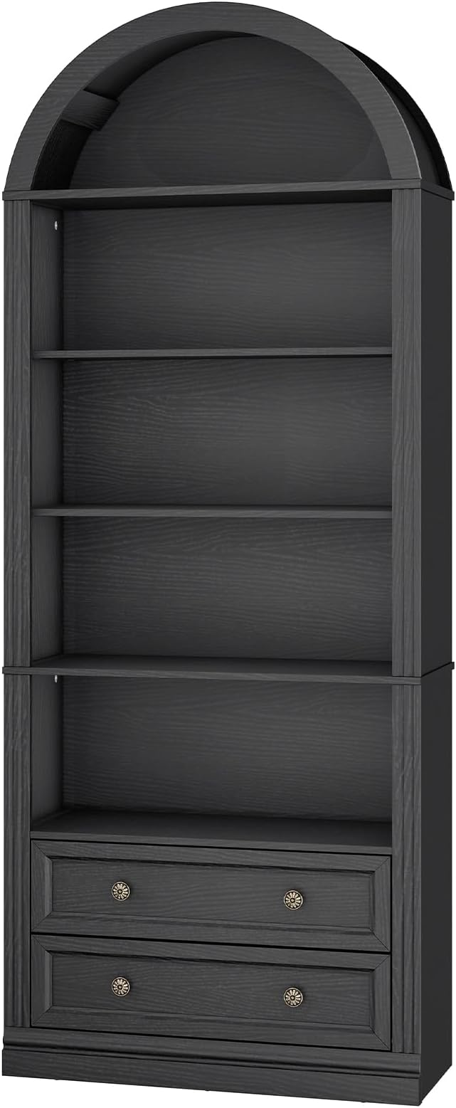 Farmhouse Arched Bookshelf, 7 Tiers Arch Bookcase with 2 Spacious Drawers, Modern Book Shelf with Open Display Shelves and Storage Cabinet, for Office, Living Room, Kitchen, Black