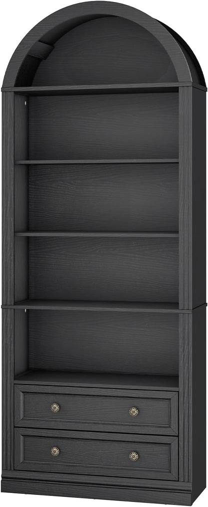 Farmhouse Arched Bookshelf, 7 Tiers Arch Bookcase with 2 Spacious Drawers, Modern Book Shelf with Open Display Shelves and Storage Cabinet, for Office, Living Room, Kitchen, Black