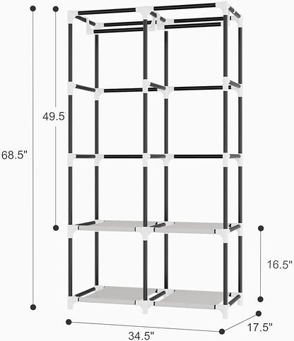 Portable Closet for Hanging Clothes, Portable Wardrobe Closet with Cover, 4 Storage Shelves, 2 Hanging Rods and 8 Side Pockets, Easy Assembly and Sturdy Free Standing Closet for Bedroom, Grey