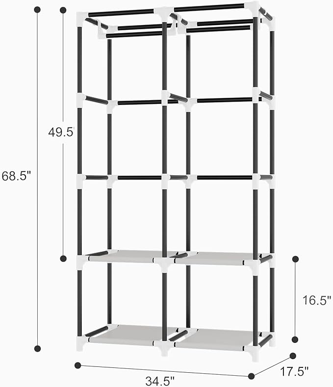 Portable Closet for Hanging Clothes, Portable Wardrobe Closet with Cover, 4 Storage Shelves, 2 Hanging Rods and 8 Side Pockets Easy Assembly and Sturdy Free Standing Closet for Bedroom Brown