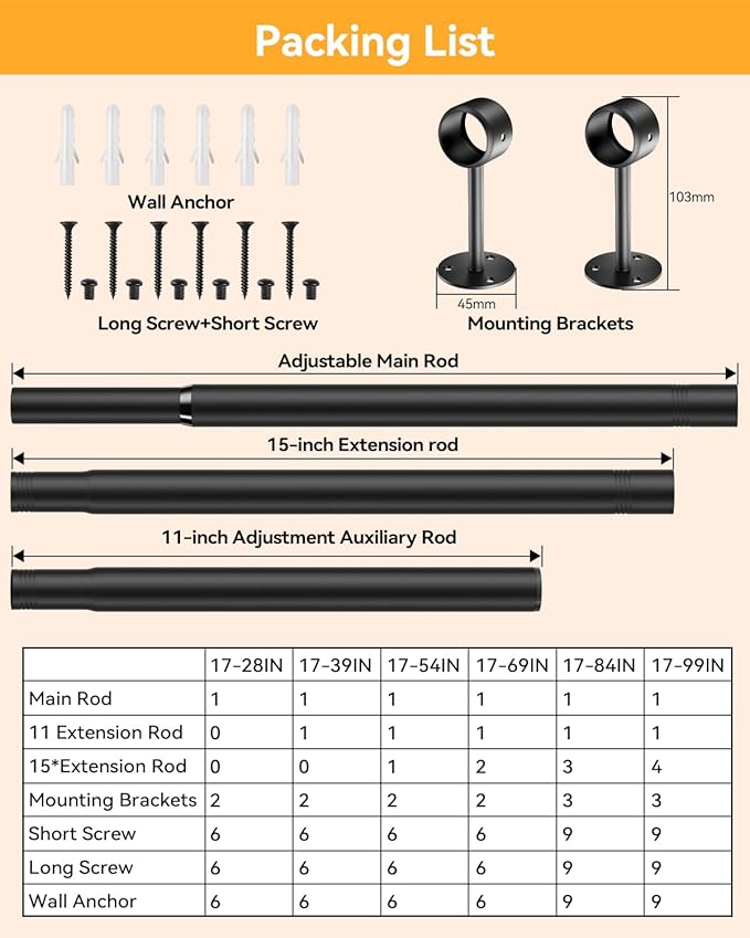 Closet Rods for Hanging Clothes, 17 to 28 Inches Ceiling/Wall Mounted Stepless Adjustable Closet Hanging Rod, 1.3 Inch Heavy Duty Hanging Clothes Rod for Closet Wardrobe Laundry RV (Black)