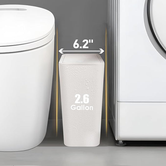 TIPGO Bathroom Trash Can with Lid, 10 Liter/ 2.6 Gallon Slim Garbage Can, Small Trash Bin Waste Basket with Pop-Up Lid for Kitchen, Bedroom, Living Room, Office (2 Pack, White)