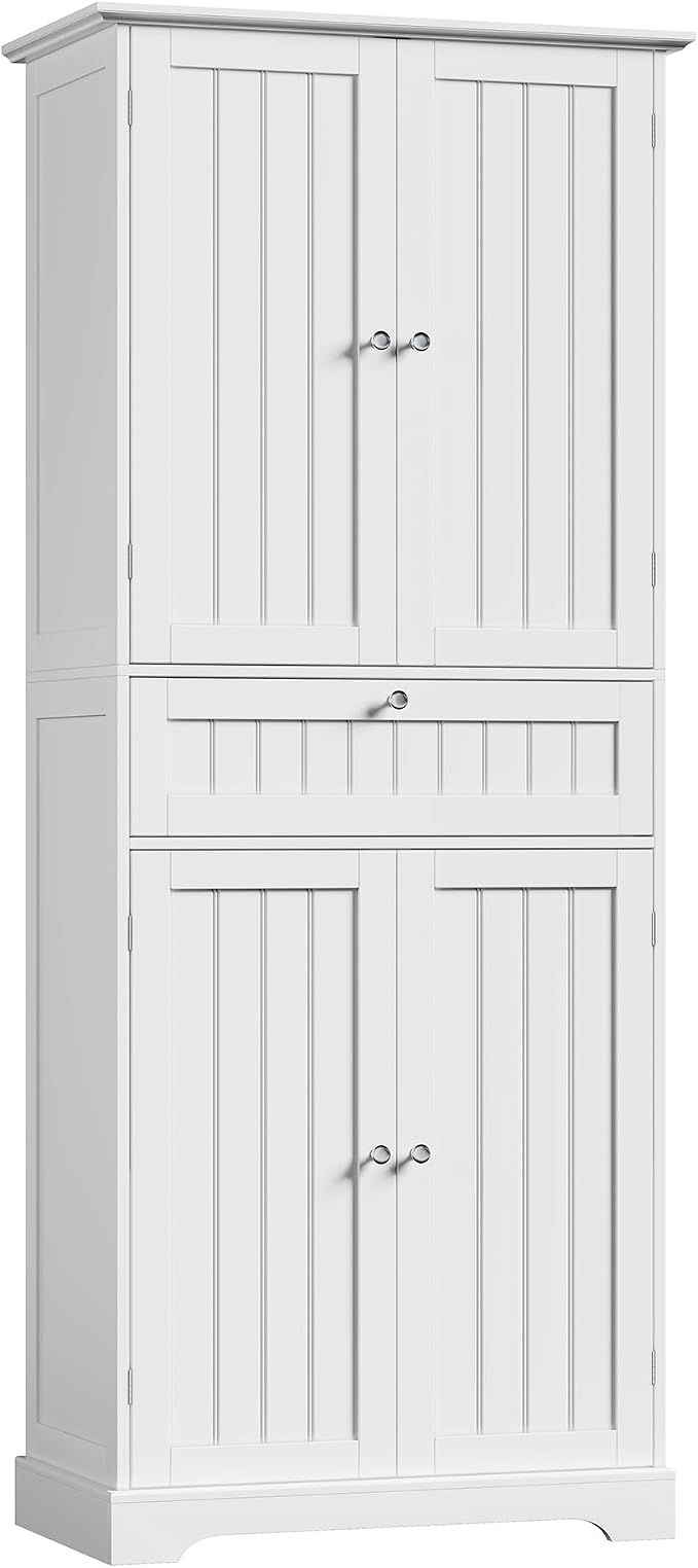 ChooChoo 72" H Tall Bathroom Floor Cabinet, Modern Bathroom Storage Cabinet with Drawer and Adjustable Shelves, Freestanding Kitchen Pantry Cupboard with 4 Doors for Living Room, White
