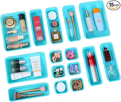 Kutesna 15 PCS Interlocking Desk Drawer Organizer Separator for Office,Bathroom,Kitchen,Makeup（Blue&Green）