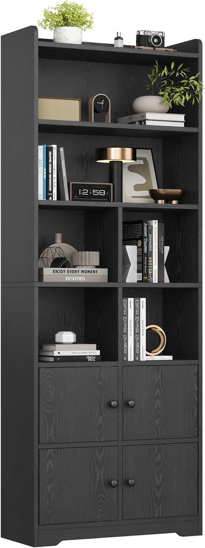 IRONCK Bookshelves and Bookcases with 4 Doors, 6-Tier Bookshelf with Storage Shelves 74.6 in Tall Bookcase for Home Office, Living Room, Bedroom, Black