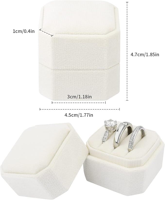 DesignSter Velvet Ring Box - Square, 3 Slots, Premium Ring Bearer Box for Wedding Ceremony & Proposal Engagement (Beige)