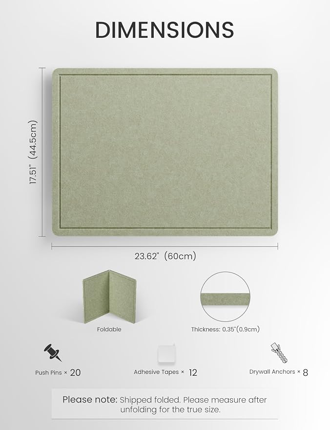 Fluxynara Bulletin Board, 23.6" x 17.5" Cork Board Alternative with 12 Safe Removable Adhesive Tabs, Foldable Felt Pin Board for Home Office, Classroom, Bedroom,Entryway for Walls— Sage
