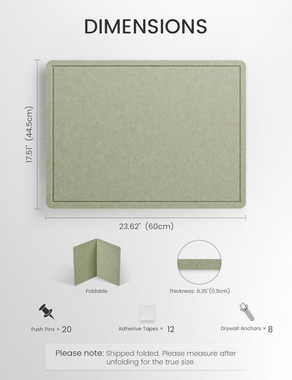 Fluxynara Bulletin Board, 23.6" x 17.5" Cork Board Alternative with 12 Safe Removable Adhesive Tabs, Foldable Felt Pin Board for Home Office, Classroom, Bedroom,Entryway for Walls— Sage