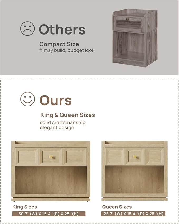 SICOTAS 31" Wide Nightstands Set of 2, Large Night Stands with Drawer, Oversized King Size Nightstand Bedside Table for Bedroom, Farmhouse End Side Table Set of 2(Coastal Oak, 31 Inch)