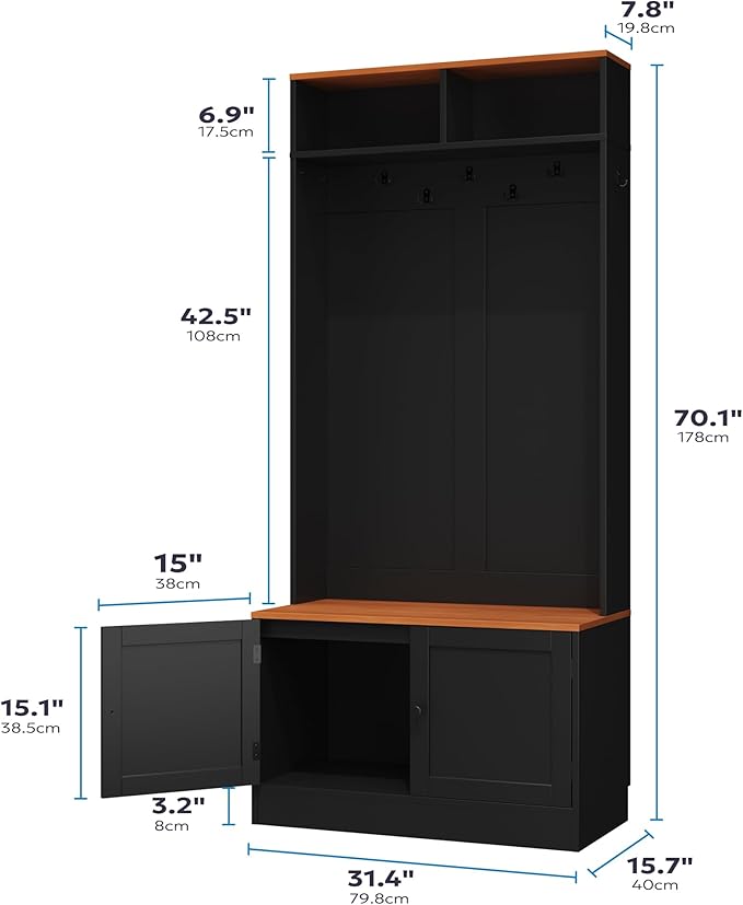 Entryway Hall Tree with Bench and Storage, 5-in-1 Farmhouse Coat Rack with 7 Hooks, Bench with Coat Rack with Storage Shelves for Hallway, Hallway, Black