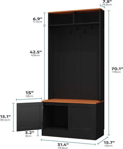Entryway Hall Tree with Bench and Storage, 5-in-1 Farmhouse Coat Rack with 7 Hooks, Bench with Coat Rack with Storage Shelves for Hallway, Hallway, Black
