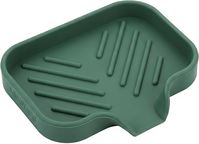 MicoYang Silicone Soap Dish with Drain Spout, Self-Draining Sink Organizer Tray for Bathroom and Kitchen, Sponges, Dispensers and Soap Holder, Non-Slip and Dishwasher Safe, Green (Compact, 4.9"×3.2")