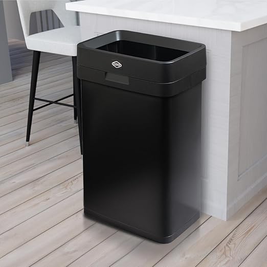 Clorox 13 Gallon Trash Can - 50L Slim Open Top Garbage Bin for Commercial Spaces, Kitchen, Office - Narrow Rectangular Black Stainless Steel Body with Hinged Rim Protection