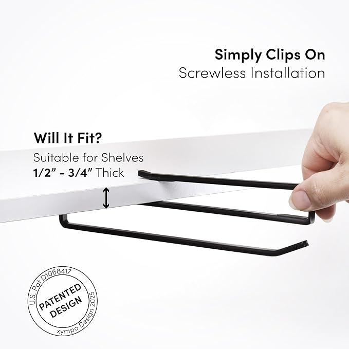 xympo Coffee Mug Hanger for Cabinet, Clip-On Shelf, for Cups, Utensil, Tumbler Lid, Screwless Install (Pack of 2), Fits Shelves up to 3/4"