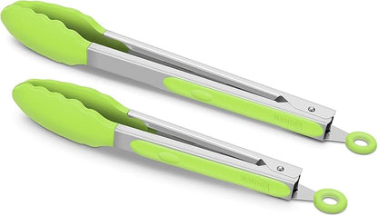 2 Pack Silicone Kitchen Tongs – 9" & 12" Set, Heat Resistant up to 500°F, Non‑Stick Cookware Safe, Wavy Silicone Tips, BPA Free, Locking Clip & Hanging Loop, Light Green