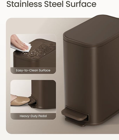 Cesun Small Bathroom Trash Can with Lid Soft Close, Step Pedal, 5 Liter / 1.3 Gallon Stainless Steel Garbage Can with Removable Inner Bucket, Waste Basket for Bathroom, Bedroom (Brown)