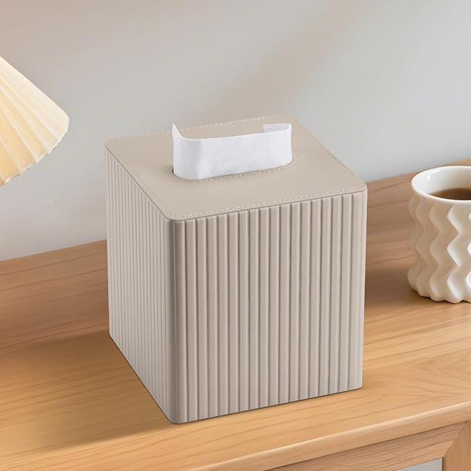 KINGFOM Tissue Box Cover, PU Leather Square Tissue Box Holder for Kleenexs with Magnetic Bottom Cover for Facial Tissues/Napkins, Office & Living Room Decor Box (Beige Strips)