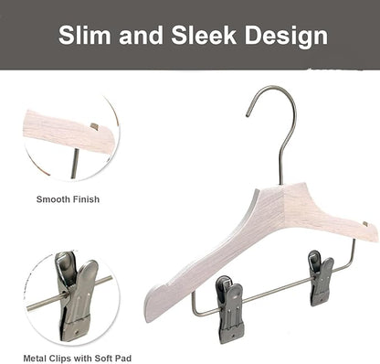 White 9.8" Ultra-Thin Wooden Children Closet Clothes Clips Hangers 12PCS Wood Baby Kids Coat Hangers for Infant Toddler Newborn Jumpsuit Pants Skirts Jeans Space Saving Heavy Duty Durable