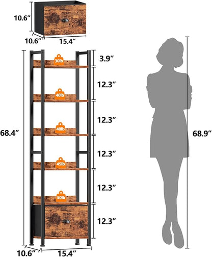 Furologee Book Shelf Set of 2, 6 Tier Tall Shelf with Drawer, Bookshelves and Bookcases Set of 2, Industrial Display Shelving Unit for Bedroom, Living Room, Home Office, Rustic Brown