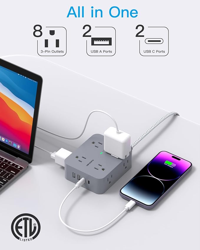 Surge Protector Power Strip 10 Ft Cord, HANYCONY Extension Cord with Multiple Oulets, 8 AC Outlets 4 USB (2 USB C) Ports, Flat Plug, Wall Mount Desk USB Charging Station for Home