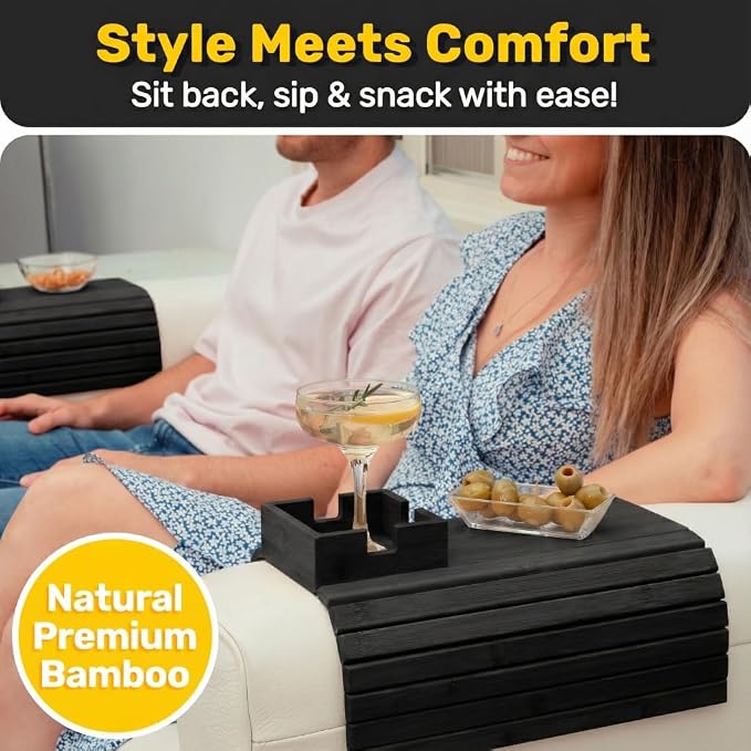 FUN FOREST Bamboo Couch Holder - Non-Slip Furniture Protector, Sofa Armrest Table for Mugs & Tumblers – Weighted 16” Large Black Bamboo Holder for Recliners and Loveseats